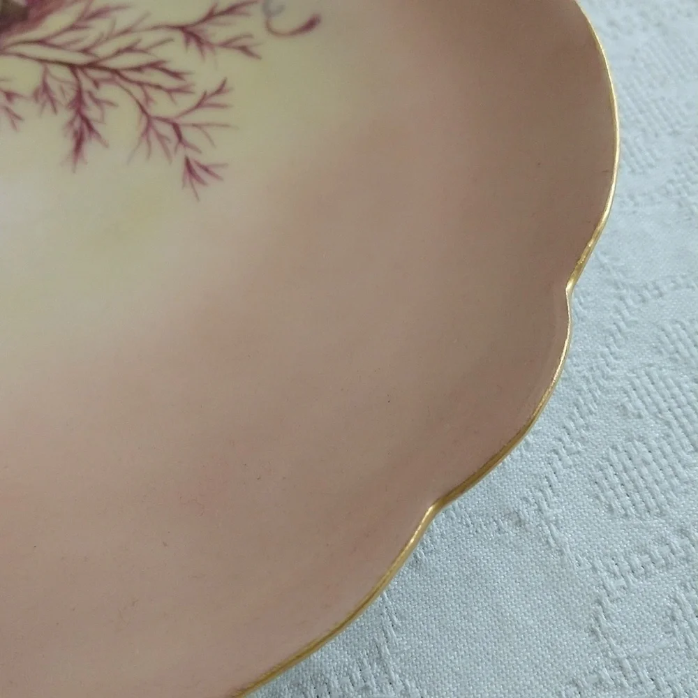 Vintage hand-painted porcelain salad plate pink shell decor monogram France